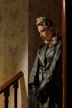 Blonde woman in vintage leather coat in a mysterious, cinematic setting