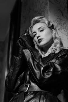 Captivating monochrome portrait of a stylish woman embodying the femme fatale persona.