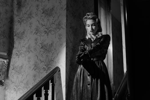 Elegant black and white portrait of a mysterious femme fatale in a vintage leather coat.