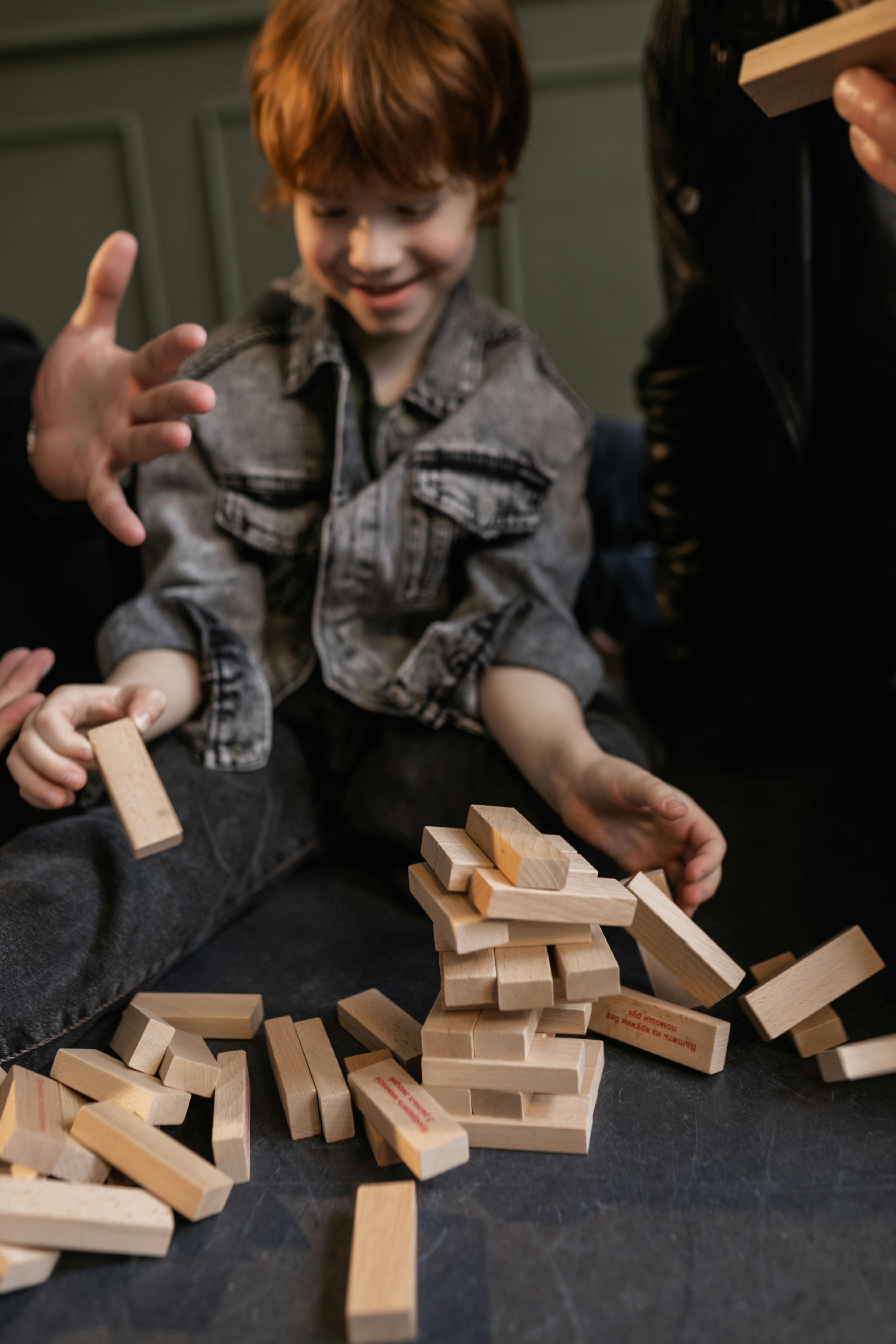 a family playing jenga