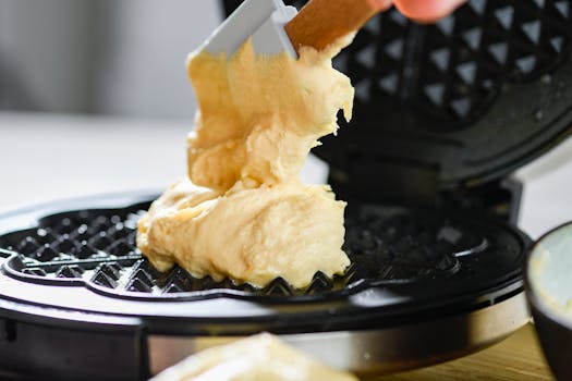 Delicious waffle batter being spread on a waffle maker for a tasty breakfast.