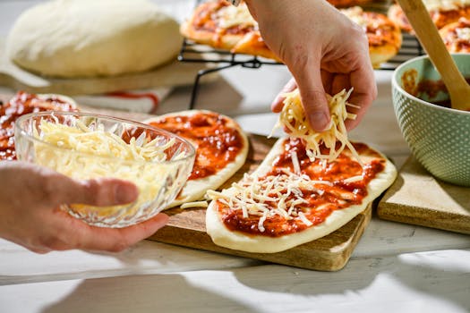 Hands preparing mini pizzas with fresh dough and cheese in a kitchen setting.