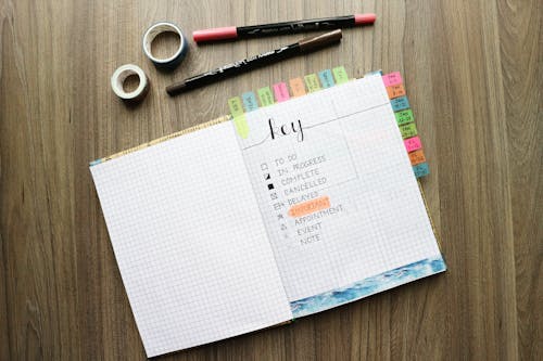 Free stock photo of bulet journal, key, pen