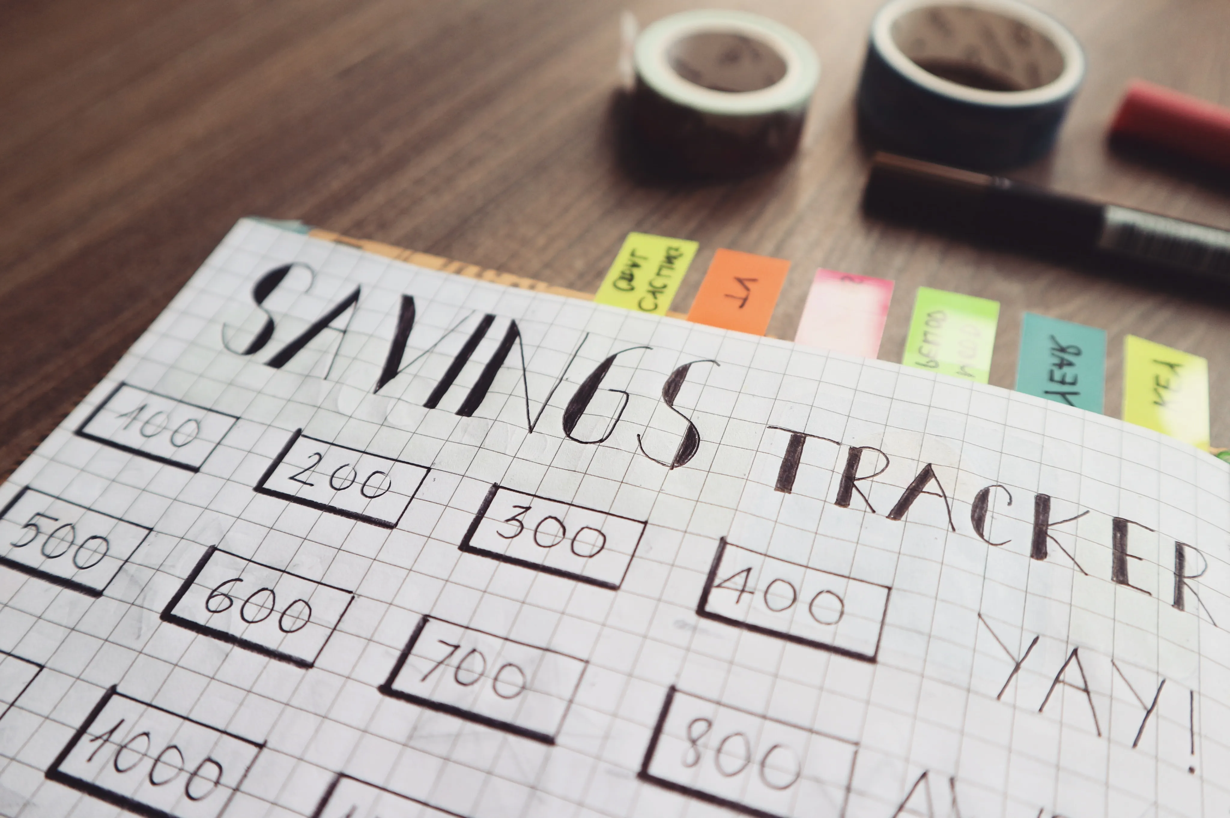 A financial planning notebook with savings tracker and budget chart on a wooden desk