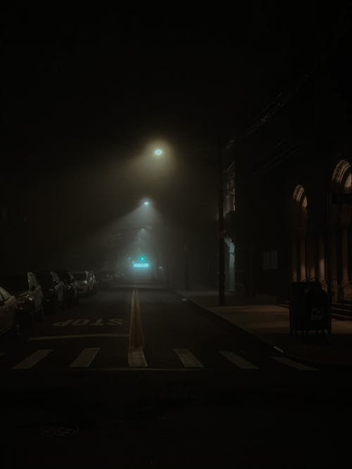 Glowing streetlights near empty asphalt road with parked modern cars in city on foggy night