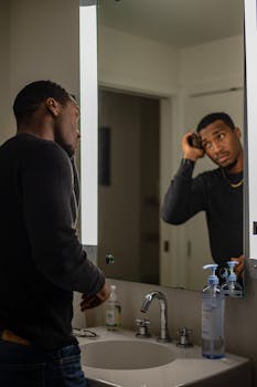 Young man styling hair in bathroom mirror. Indoor setting, personal care theme.
