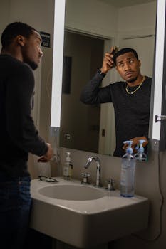 Young black man brushing hair in illuminated bathroom mirror, preparing for the day.