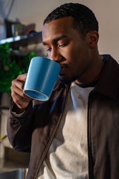 Portrait of a man with curly hair sipping a hot beverage from a blue mug indoors. Warm and cozy setting.