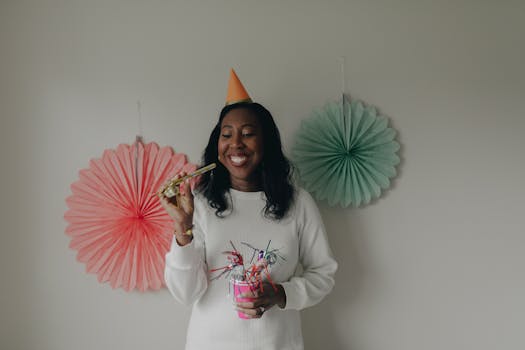 A happy woman celebrating her birthday with colorful decorations and party props.