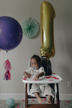 Baby sitting in high chair with balloons at a first birthday party indoors.