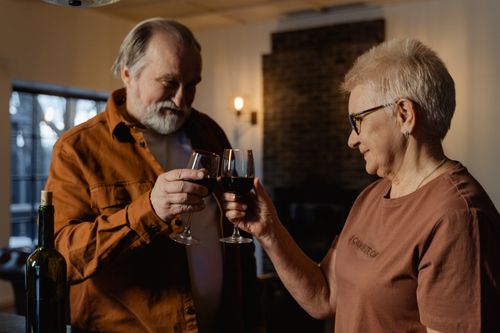 Free A happy senior couple sharing a toast with red wine, enjoying a cozy indoor moment together. Stock Photo