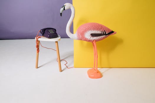 A vibrant scene with a flamingo figure and a vintage telephone against colorful backgrounds.