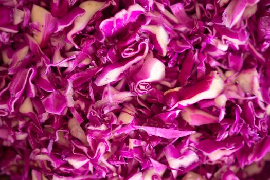 Colorful close-up of fresh, shredded red cabbage, perfect for salads and healthy recipes.