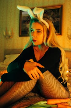 A woman with bunny ears poses in a cozy bedroom, creating a stylish and festive Easter vibe.