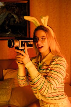Playful woman with bunny ears holding a vintage camera in a cozy room setting.