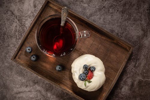 Drink and Food on Wooden Tray 