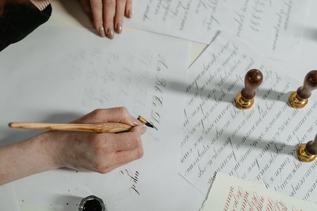 Practising calligraphy with a wooden pen — photo by MART PRODUCTION on Pexels