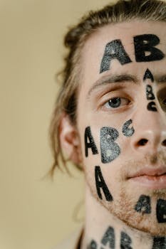 Close-up portrait of man with letters painted on his face in a creative display of art.
