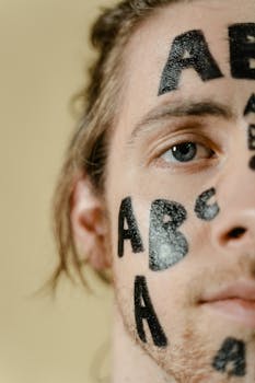 Close-up of a man with artistic alphabet face paint set against a neutral background.