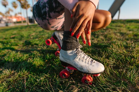 Close-up of a woman enjoying leisure time on roller skates in a sunny park setting.