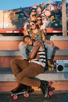 A stylish group of friends enjoying a sunny day roller skating and relaxing outdoors.