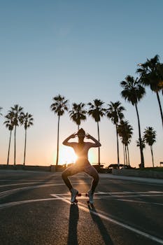 A person roller skating at sunset with palm trees in the background, embodying carefree summer vibes.