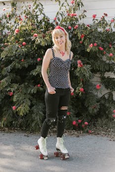 Trendy woman in polka dots enjoying roller skating outdoors during a sunny summer day.