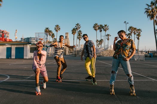 Diverse group of friends roller skating at sunset on a palm-lined court, enjoying an active lifestyle.