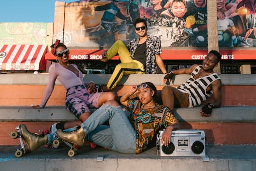Group of young adults roller skating in a lively urban area with vibrant streetwear.