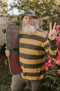 Senior man posing with skateboard, showing peace sign in a garden setting.