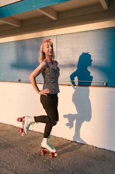 Blonde woman happily posing with roller skates against a sunny wall