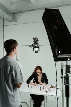 Behind-the-scenes look at a professional indoor photo shoot with lighting and camera equipment.