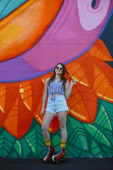 A young woman poses with roller skates in front of a colorful graffiti mural.