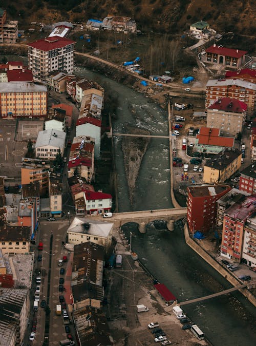 Aerial View of City Buildings during Night Time