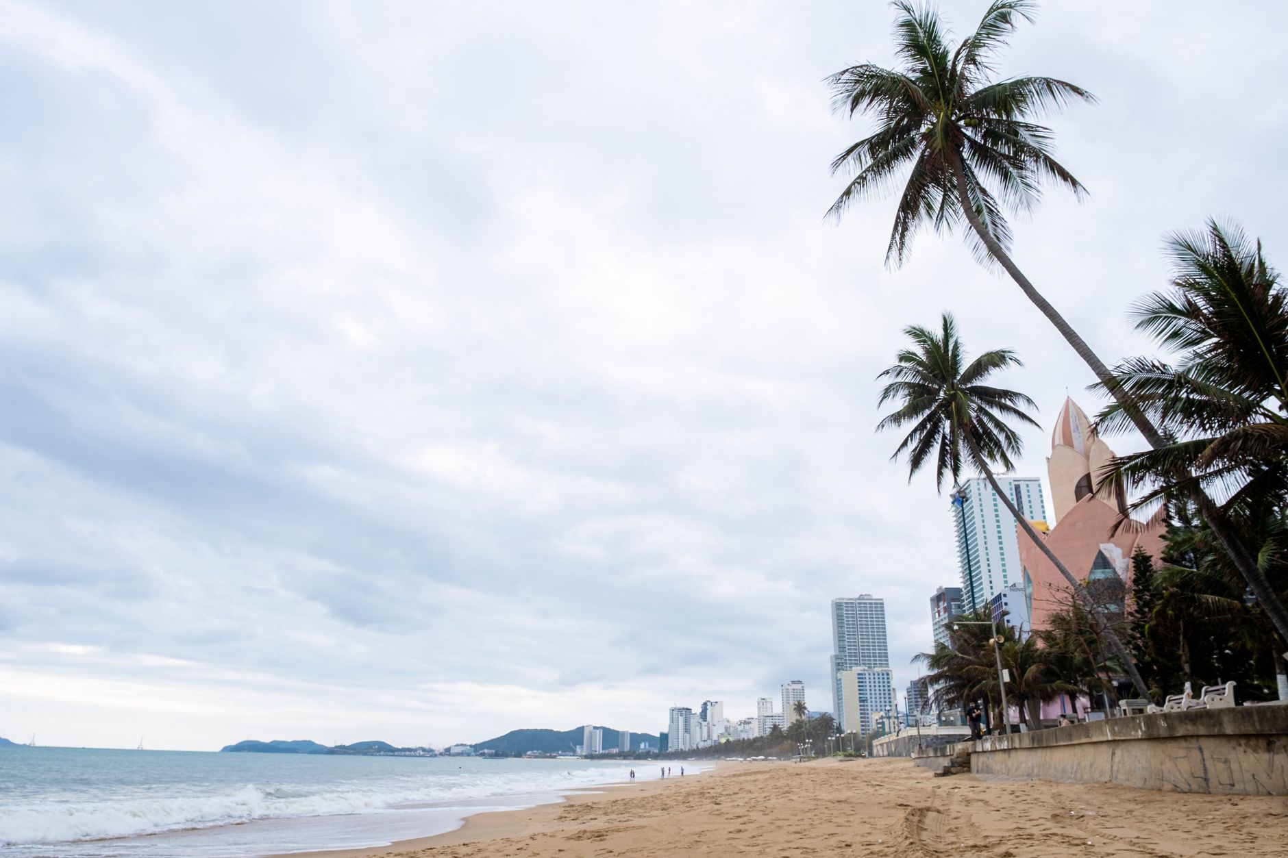 Picturesque scenery of sandy coast with palms near wavy sea and city under cloudy sky