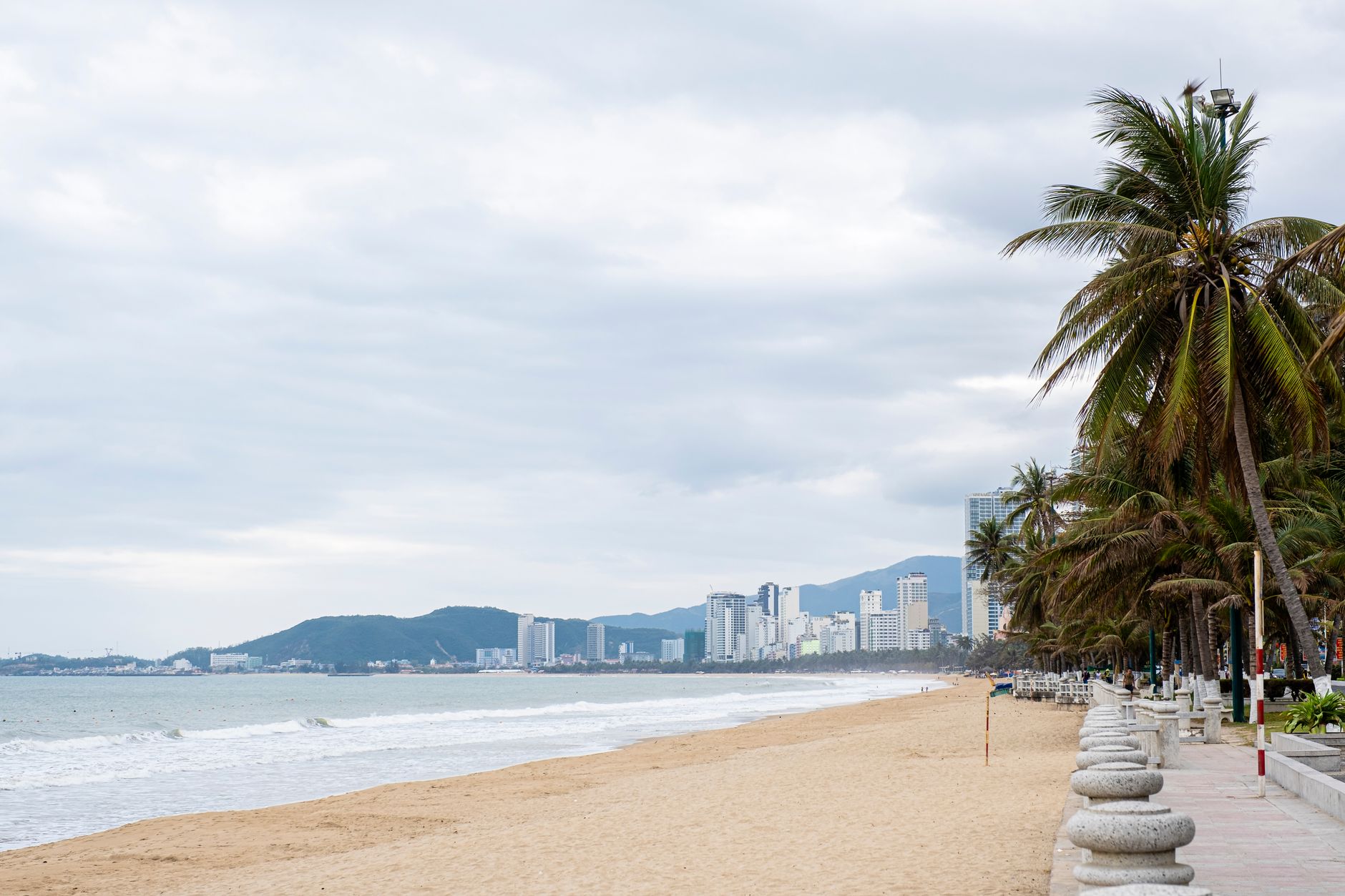 Scenery of ocean shore with sandy beach and green palms near embankment in cloudy day