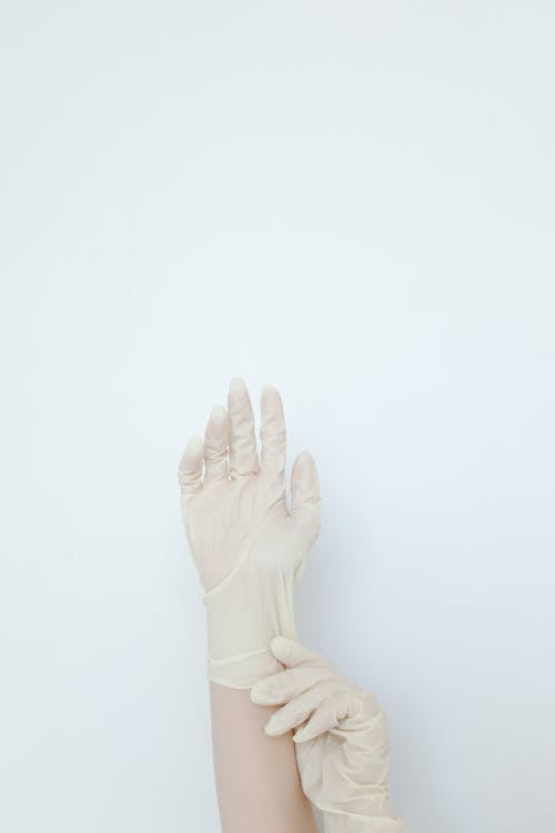 Hands of a Person Wearing Disposable White Gloves