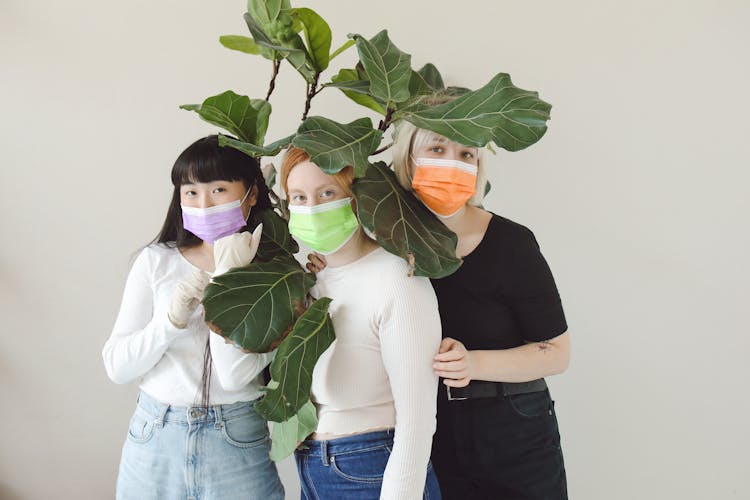 Three Women In Surgical Face Masks Standing Together Under Plant Leaves 