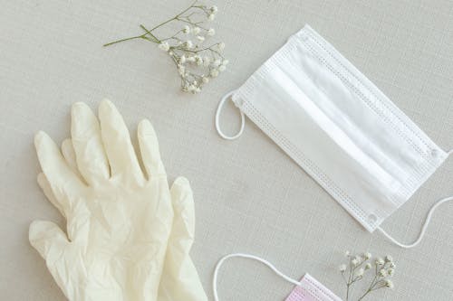 A Close-Up Shot of Latex Gloves and a Face Mask