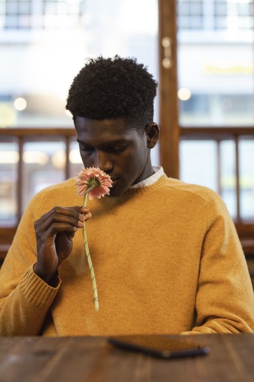 Free A thoughtful man in a yellow sweater holds a pink flower in a cozy café setting. Stock Photo