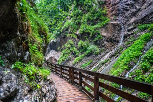 Free A picturesque wooden bridge crosses a lush green gorge with rocky cliffs. Stock Photo