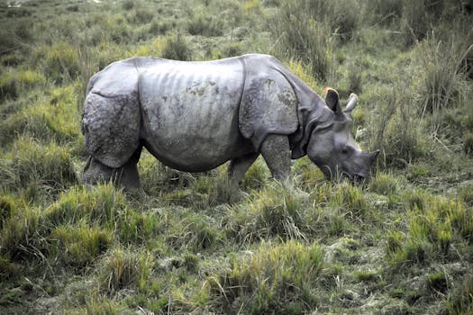 Close-up of an Indian rhinoceros grazing in Kanchanjuri, India, showcasing wildlife in its natural habitat.