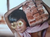 Close-up Photo of a Kid Carrying Wooden Planks with Dried Flowers covering his Eyes