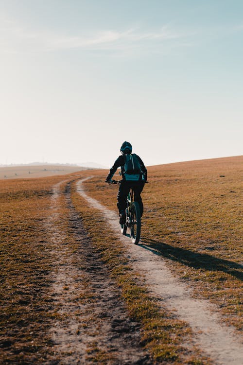 Free Back View of a Man with a Backpack Riding a Bicycle Stock Photo