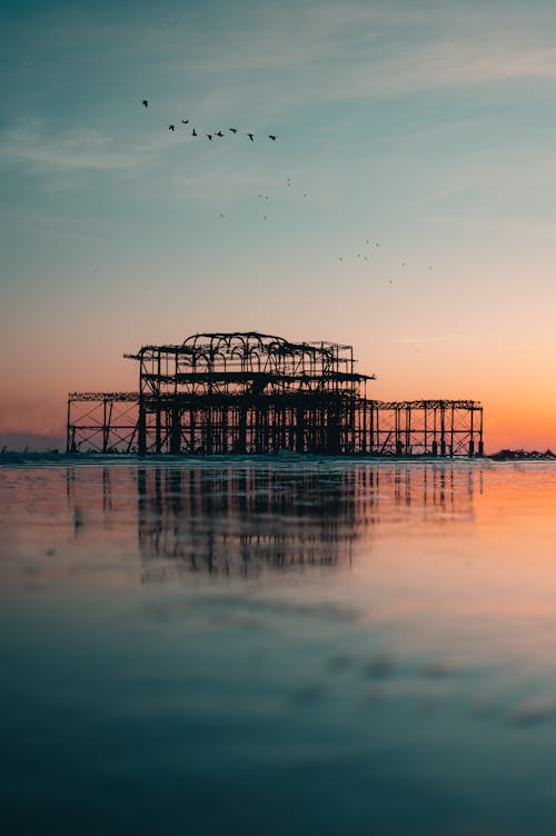 Silhouette of Dock on Body of Water during Sunset