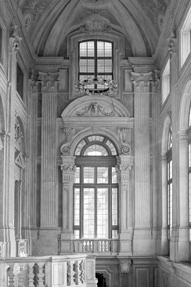 A Grayscale Photo Of The Interior Of The Palazzo Madama