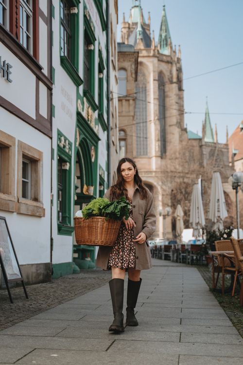Free A woman carrying a wicker basket filled with fresh vegetables walking through a street in Erfurt, Germany. Stock Photo