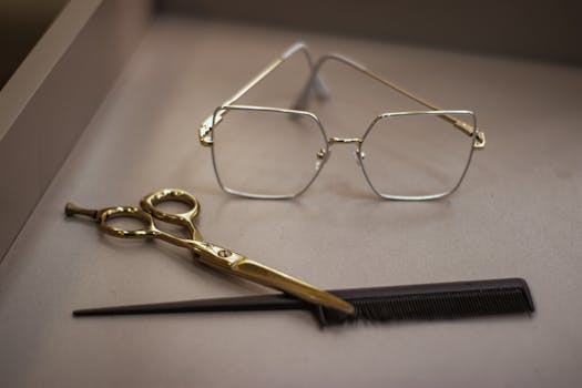 A close-up view of eyeglasses, scissors, and a comb on a smooth surface.