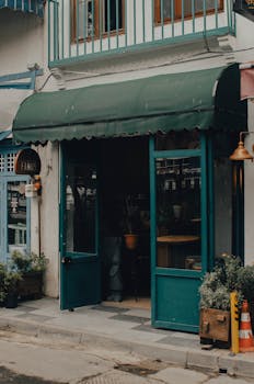 Exterior of shabby building with shop entrance near potted plants and windows in city street in daytime near road