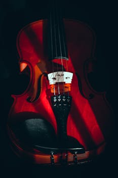 Close-up of a violin with striking light and shadow contrast, highlighting its elegant wood craftsmanship.